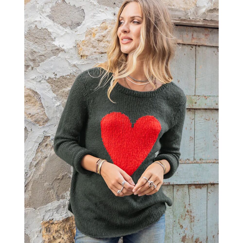 Wooden Ships Heart Crew Lightweight Sweater - Gray/Red M/L